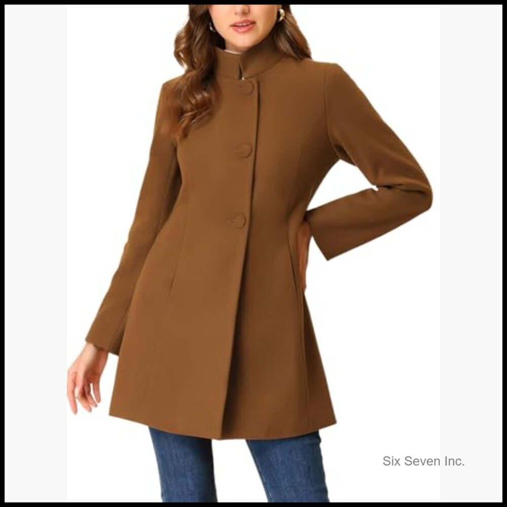 Women's Wool Pea Coat Stand Collar Single Breasted Slim Fit Blazer - Picture 2 of 3